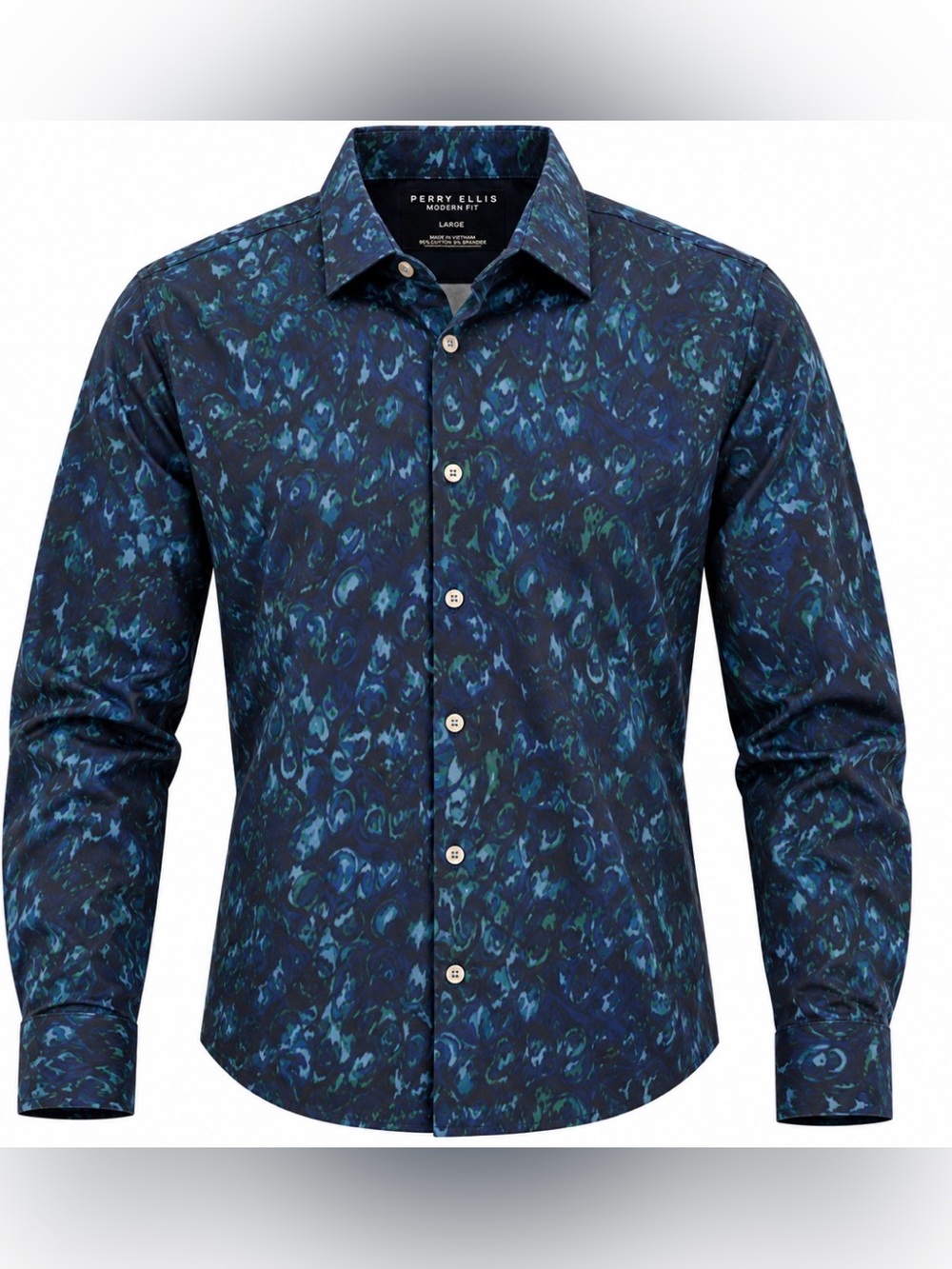 Perry Ellis Portfolio Men’s Large Long Sleeve Button Up Shirt Blue Green Print